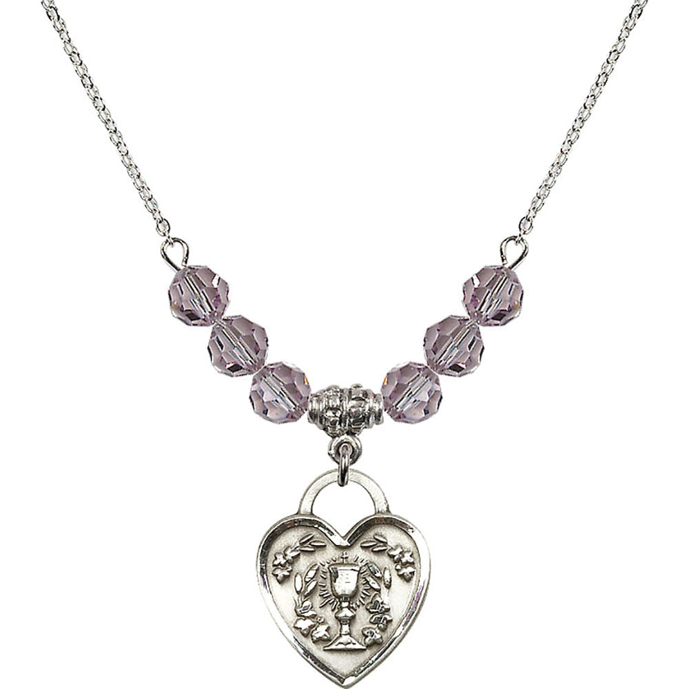 Sterling Silver Communion Heart Birthstone Necklace with Light Amethyst Beads - 3204