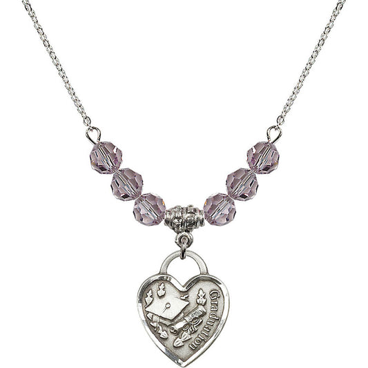 Sterling Silver Graduation Heart Birthstone Necklace with Light Amethyst Beads - 3206