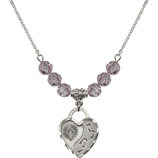 Sterling Silver Footprints Heart Birthstone Necklace with Light Amethyst Beads - 3207