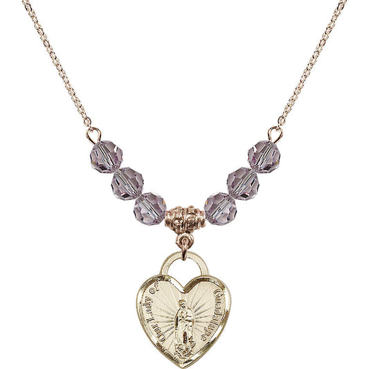 14kt Gold Filled Our Lady of Guadalupe Heart / Recuerdo Birthstone Necklace with Light Amethyst Beads - 3209