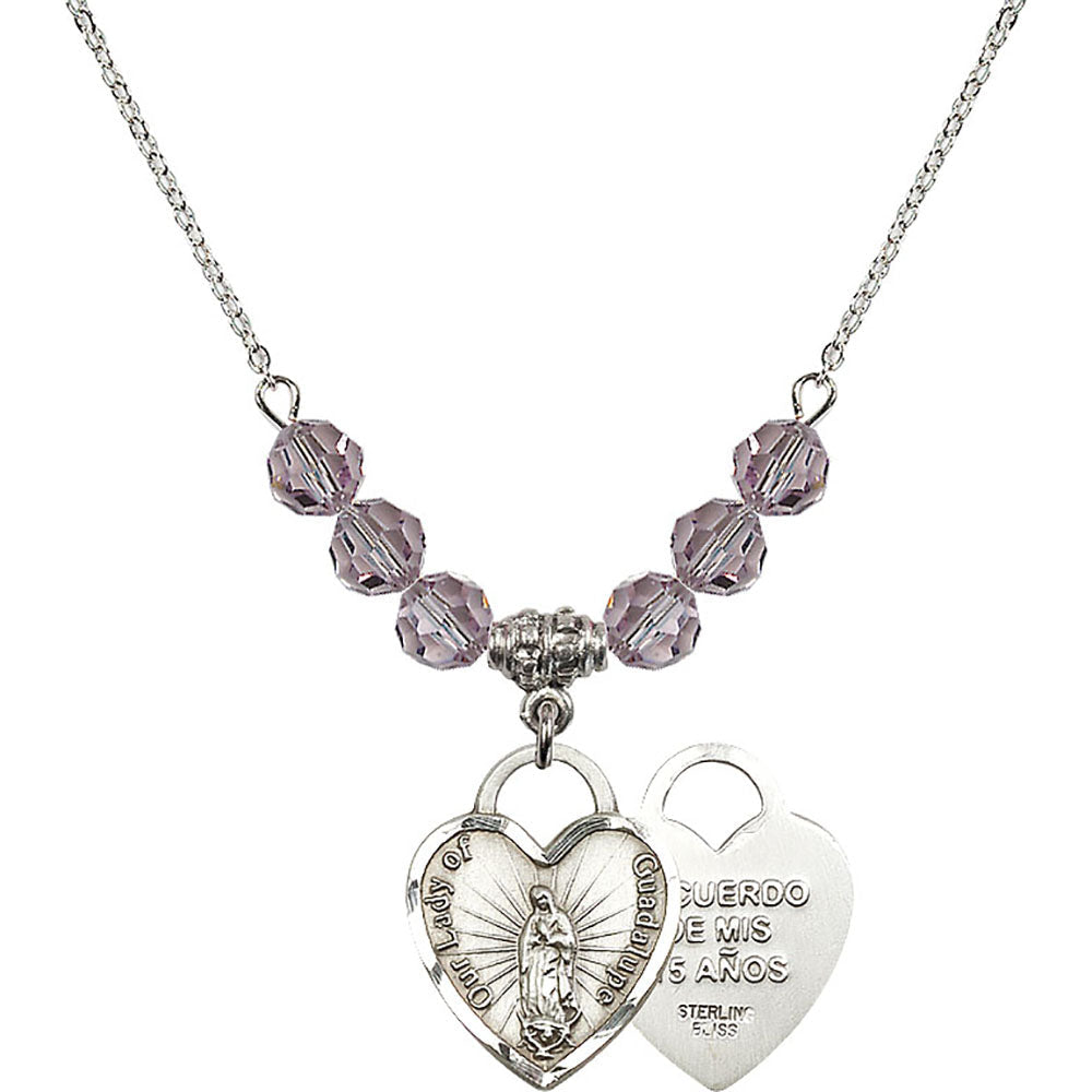 Sterling Silver Our Lady of Guadalupe Heart / Recuerdo Birthstone Necklace with Light Amethyst Beads - 3209