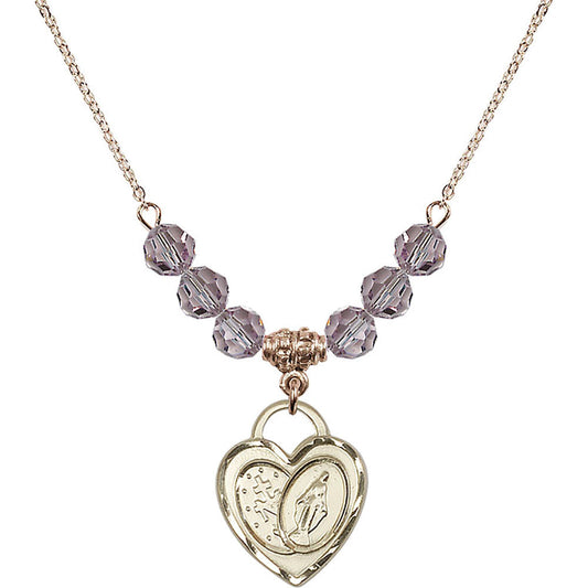 14kt Gold Filled Miraculous Heart Birthstone Necklace with Light Amethyst Beads - 3212