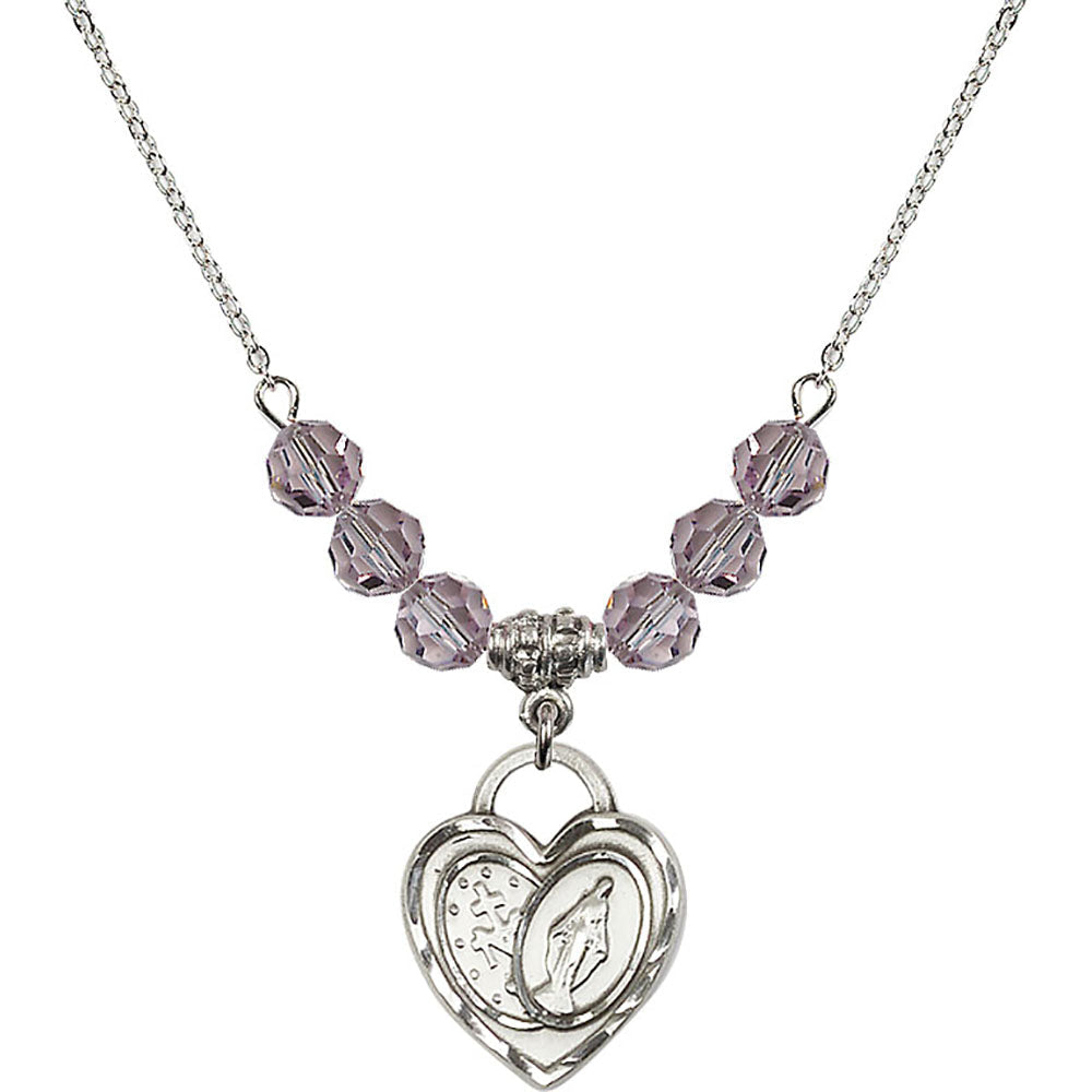 Sterling Silver Miraculous Heart Birthstone Necklace with Light Amethyst Beads - 3212