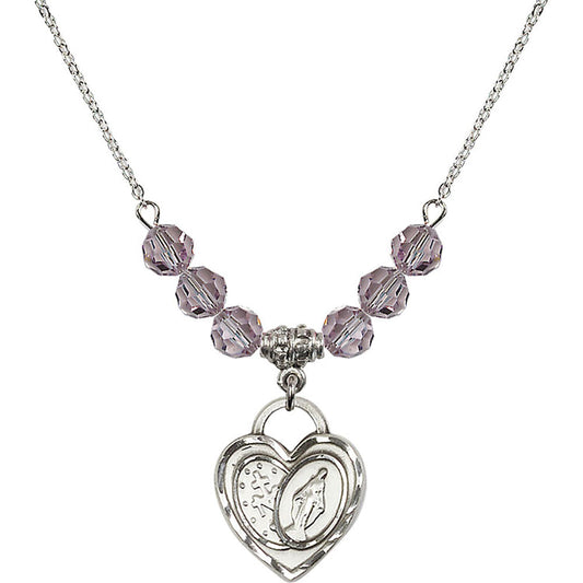 Sterling Silver Miraculous Heart Birthstone Necklace with Light Amethyst Beads - 3212