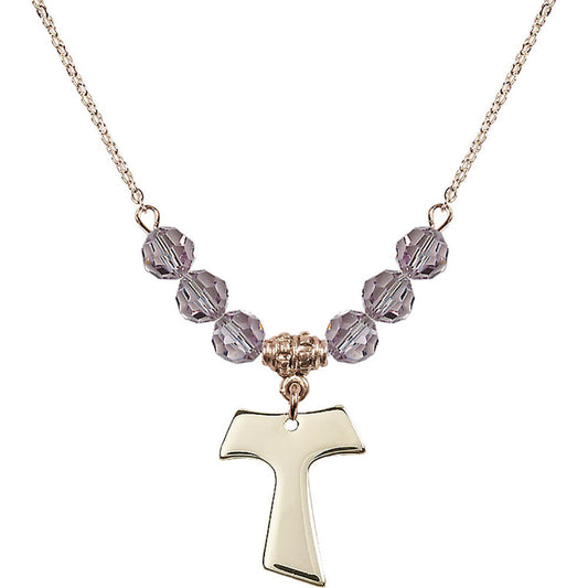 14kt Gold Filled Tau Cross Birthstone Necklace with Light Amethyst Beads - 3948