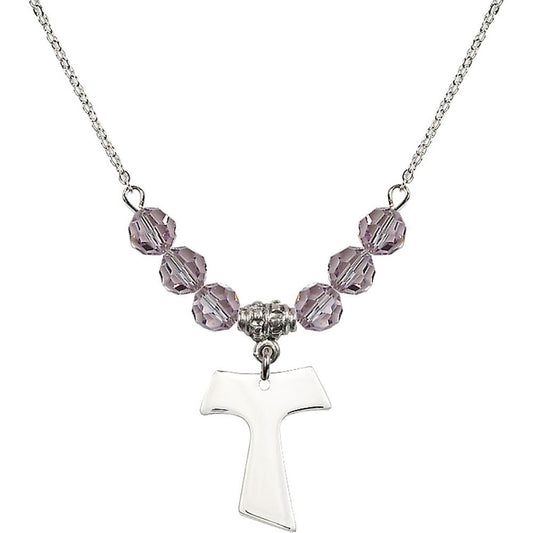 Sterling Silver Tau Cross Birthstone Necklace with Light Amethyst Beads - 3948