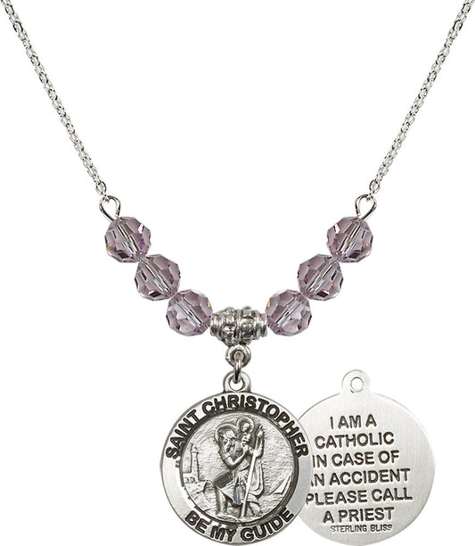 Sterling Silver Saint Christopher Birthstone Necklace with Light Amethyst Beads - 4049
