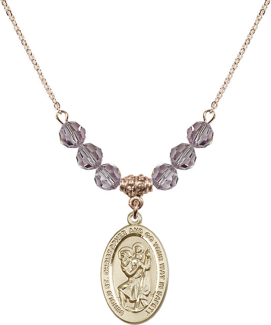 14kt Gold Filled Saint Christopher Birthstone Necklace with Light Amethyst Beads - 4123
