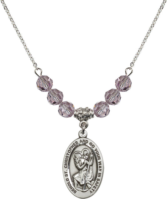 Sterling Silver Saint Christopher Birthstone Necklace with Light Amethyst Beads - 4123