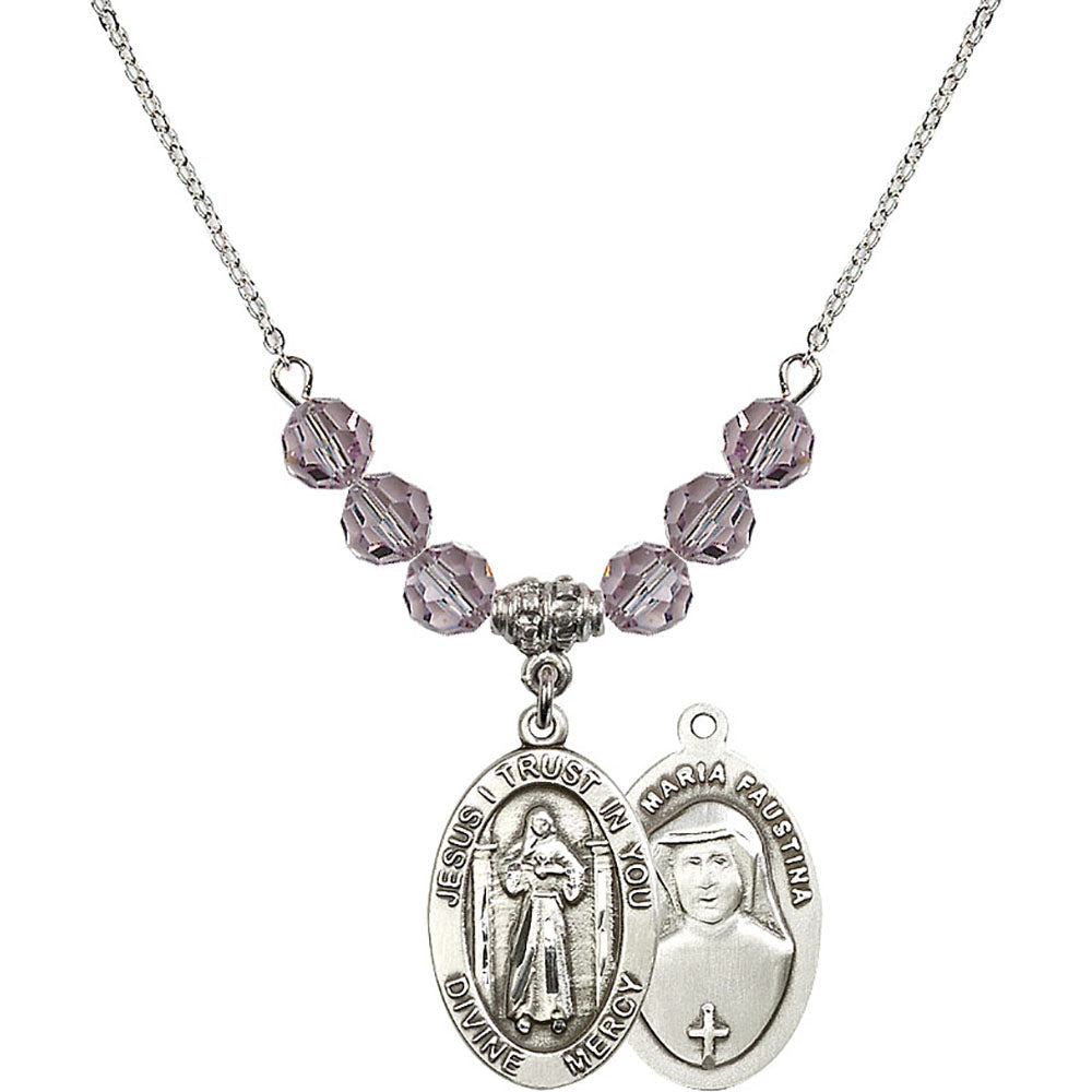 Sterling Silver Divine Mercy Birthstone Necklace with Light Amethyst Beads - 4123