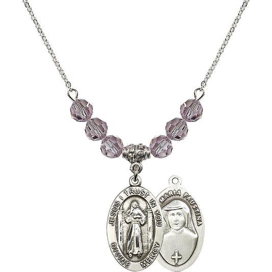 Sterling Silver Divine Mercy Birthstone Necklace with Light Amethyst Beads - 4123
