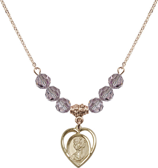 14kt Gold Filled Saint Christopher Birthstone Necklace with Light Amethyst Beads - 4127