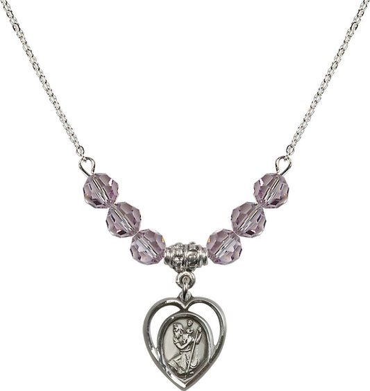 Sterling Silver Saint Christopher Birthstone Necklace with Light Amethyst Beads - 4127
