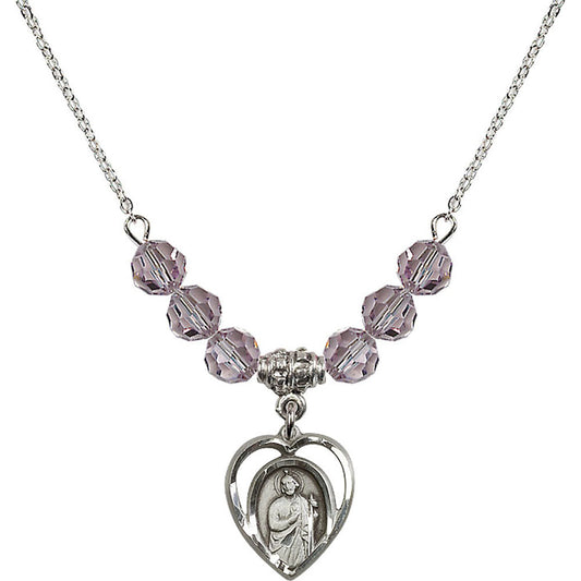 Sterling Silver Saint Jude Birthstone Necklace with Light Amethyst Beads - 4128