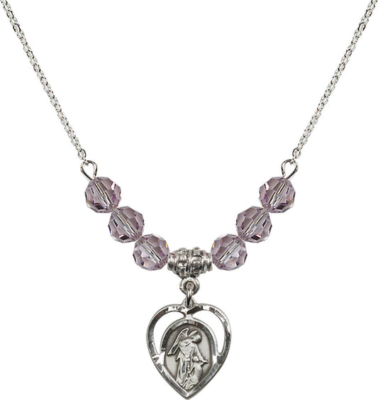 Sterling Silver Guardian Angel Birthstone Necklace with Light Amethyst Beads - 4129