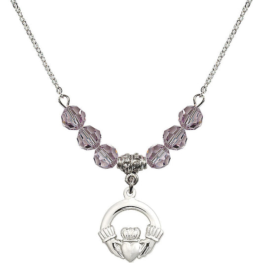 Sterling Silver Claddagh Birthstone Necklace with Light Amethyst Beads - 4138