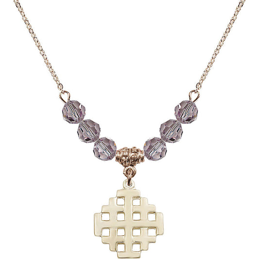 14kt Gold Filled Jerusalem Cross Birthstone Necklace with Light Amethyst Beads - 4139