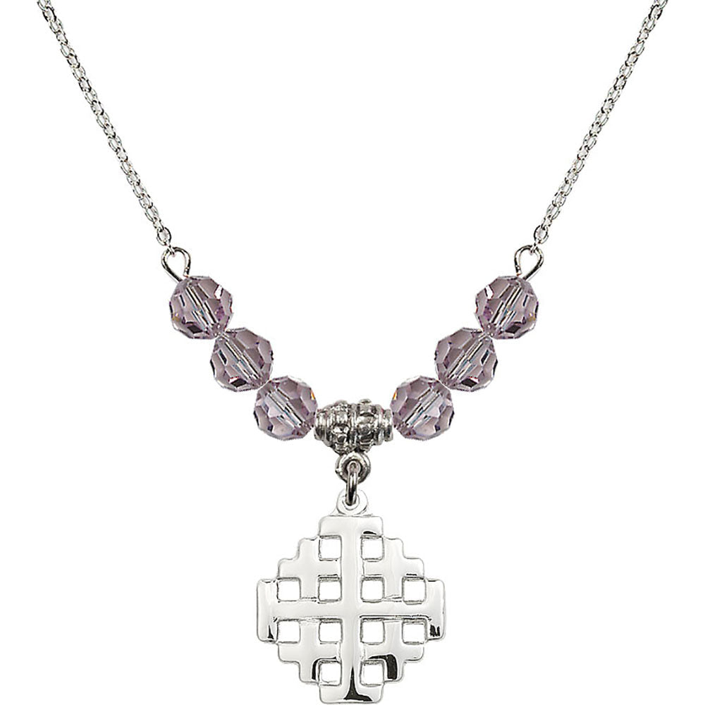 Sterling Silver Jerusalem Cross Birthstone Necklace with Light Amethyst Beads - 4139