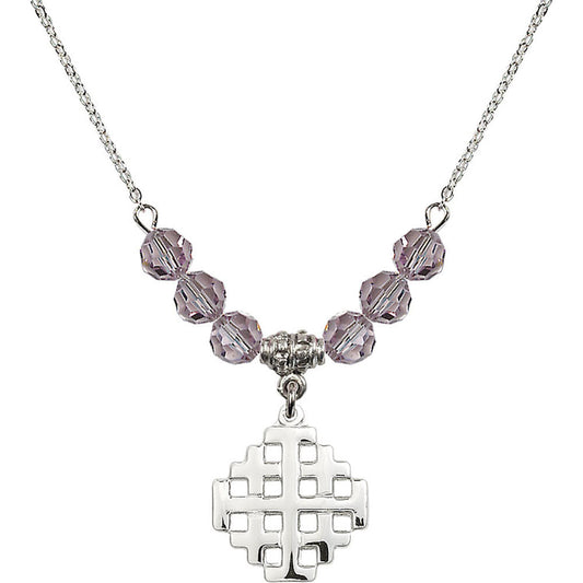 Sterling Silver Jerusalem Cross Birthstone Necklace with Light Amethyst Beads - 4139