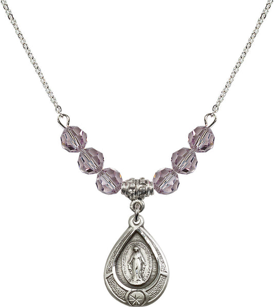 Sterling Silver Miraculous Birthstone Necklace with Light Amethyst Beads - 4144