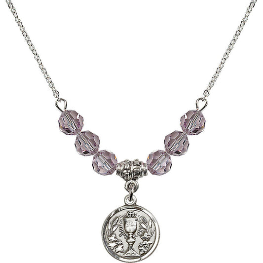 Sterling Silver Communion Chalice Birthstone Necklace with Light Amethyst Beads - 4203