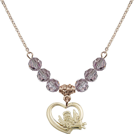 14kt Gold Filled Heart / Guardian Angel Birthstone Necklace with Light Amethyst Beads - 4206