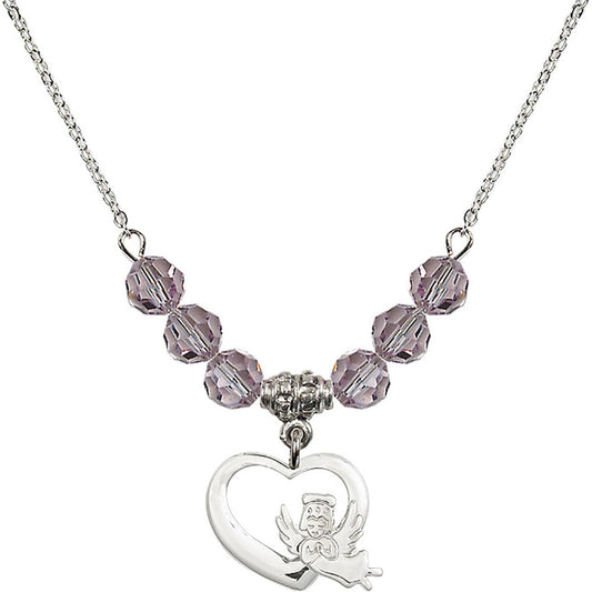 Sterling Silver Heart / Guardian Angel Birthstone Necklace with Light Amethyst Beads - 4206