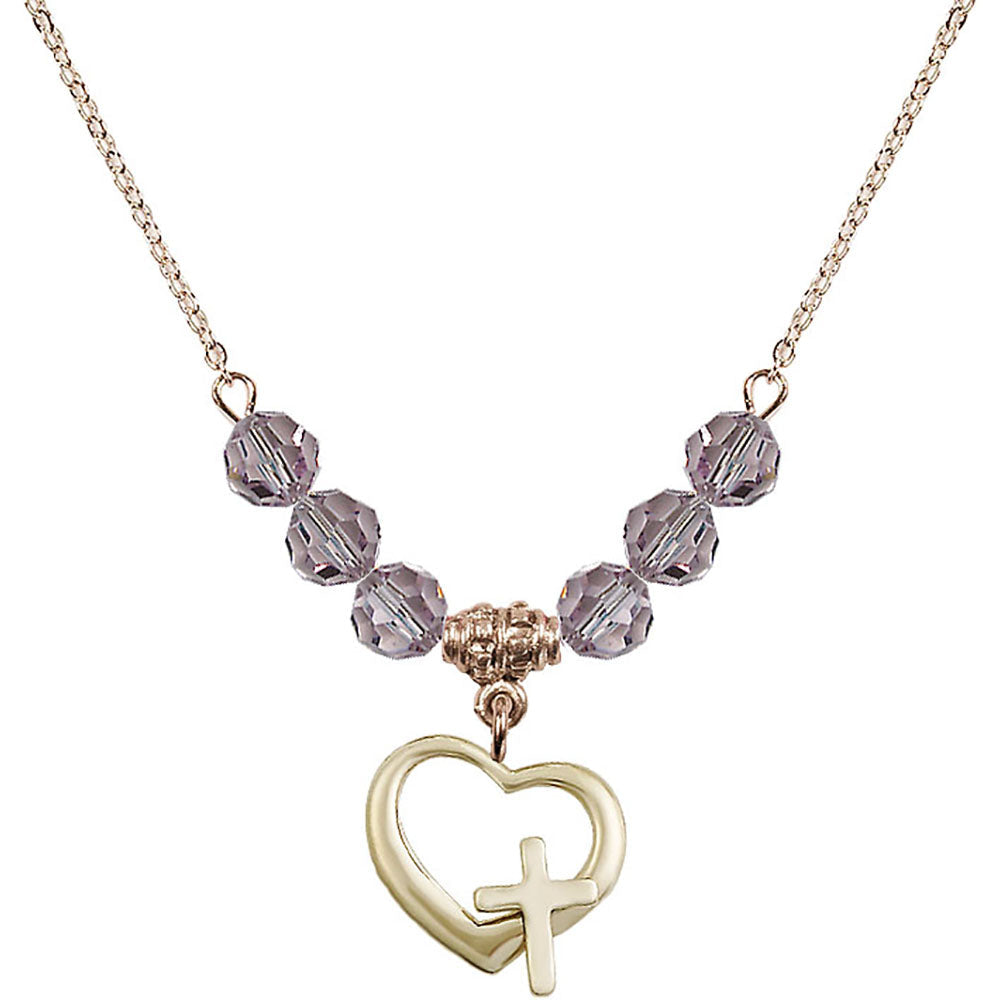 14kt Gold Filled Heart / Cross Birthstone Necklace with Light Amethyst Beads - 4207