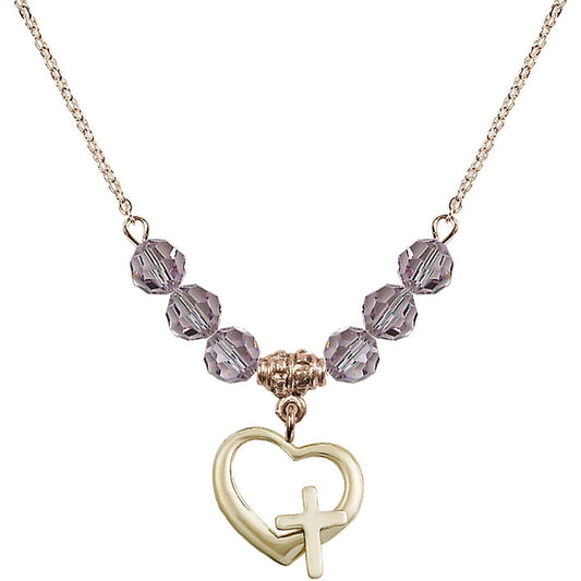 14kt Gold Filled Heart / Cross Birthstone Necklace with Light Amethyst Beads - 4207