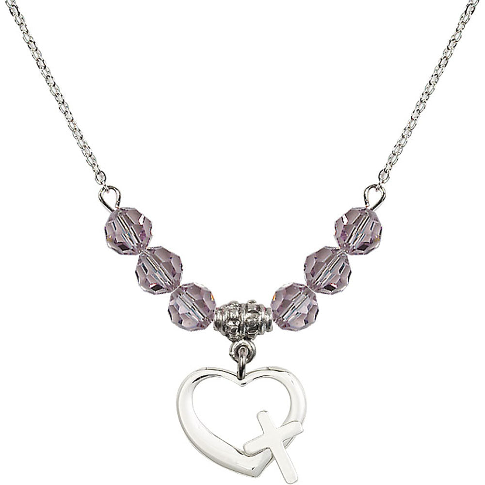 Sterling Silver Heart / Cross Birthstone Necklace with Light Amethyst Beads - 4207