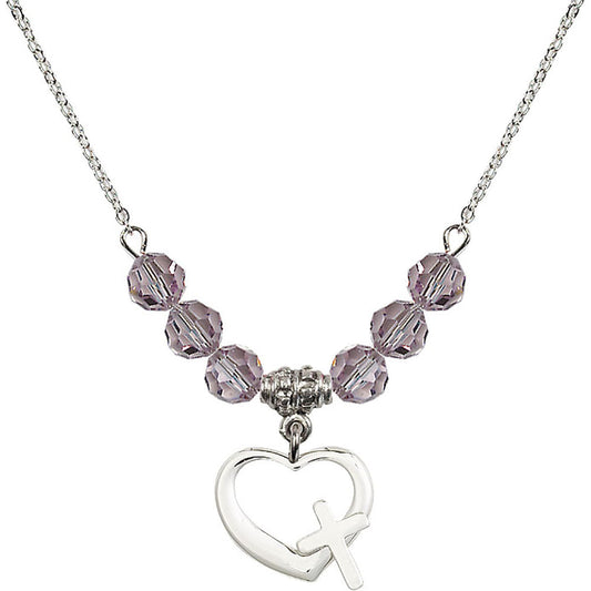 Sterling Silver Heart / Cross Birthstone Necklace with Light Amethyst Beads - 4207
