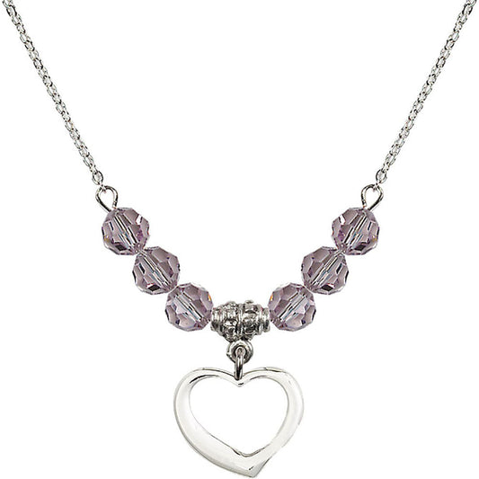 Sterling Silver Heart Birthstone Necklace with Light Amethyst Beads - 4208