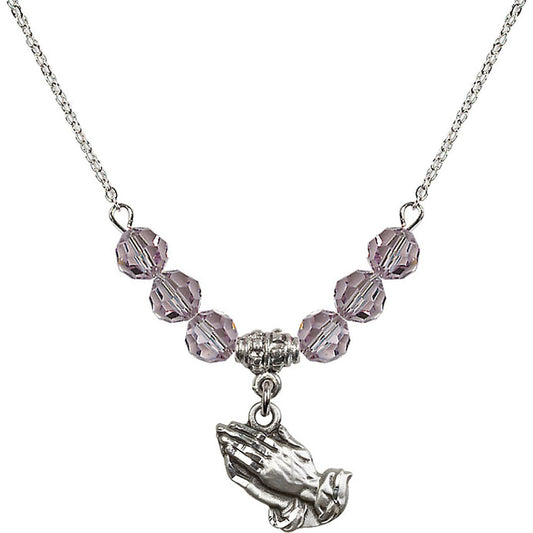 Sterling Silver Praying Hands Birthstone Necklace with Light Amethyst Beads - 4219