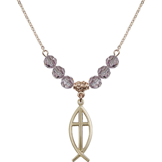 14kt Gold Filled Fish / Cross Birthstone Necklace with Light Amethyst Beads - 4252