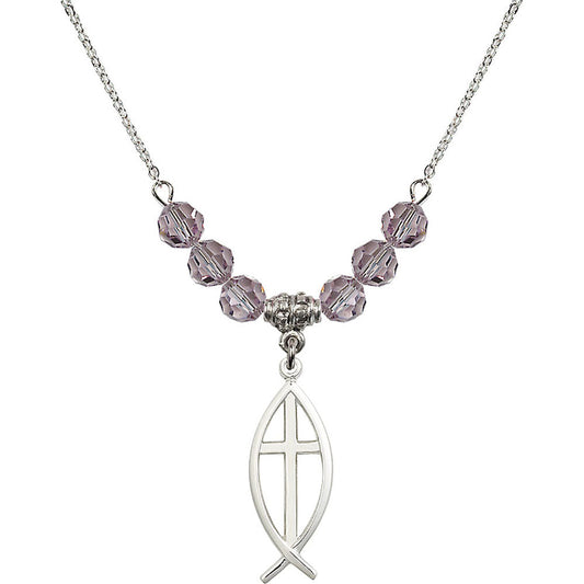 Sterling Silver Fish / Cross Birthstone Necklace with Light Amethyst Beads - 4252