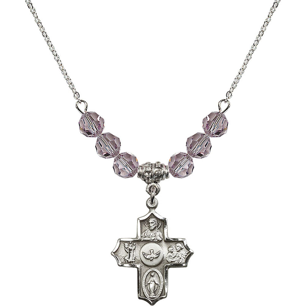 Sterling Silver 5-Way Birthstone Necklace with Light Amethyst Beads - 4255