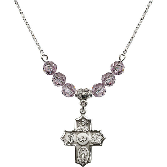 Sterling Silver 5-Way Birthstone Necklace with Light Amethyst Beads - 4255