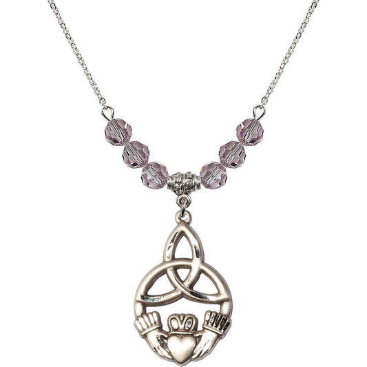 Sterling Silver Irish Knot / Claddagh Birthstone Necklace with Light Amethyst Beads - 5102