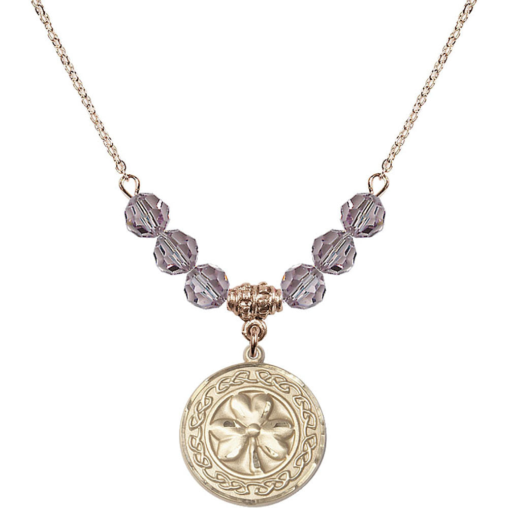 14kt Gold Filled Shamrock w/ Celtic Border Birthstone Necklace with Light Amethyst Beads - 5106