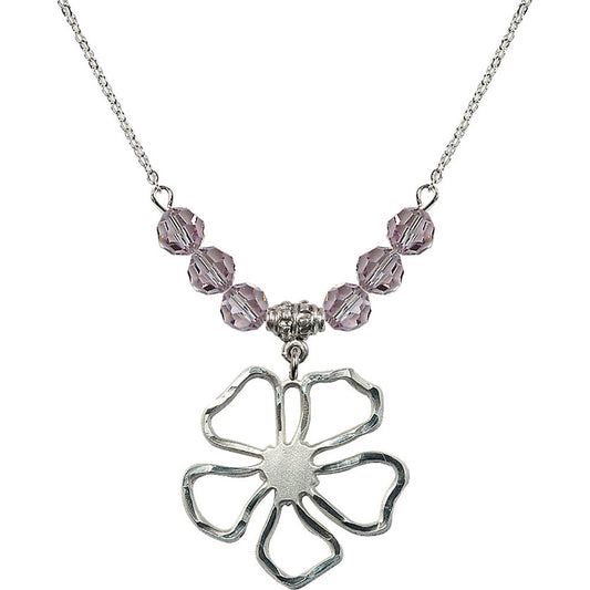 Sterling Silver Five Pedal Flower Birthstone Necklace with Light Amethyst Beads - 5109
