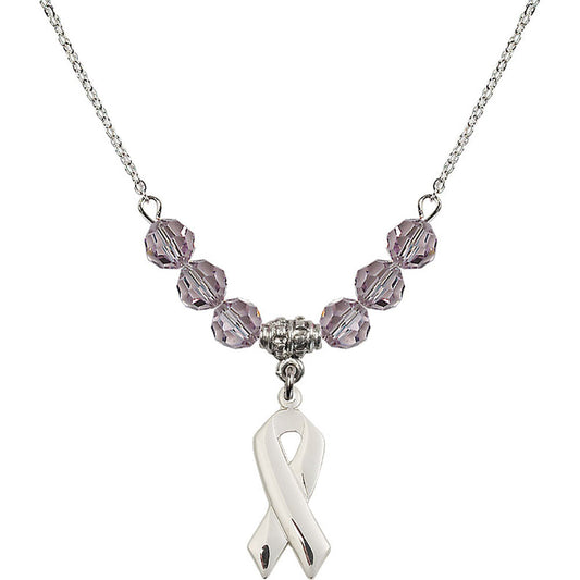 Sterling Silver Cancer Awareness Birthstone Necklace with Light Amethyst Beads - 5150