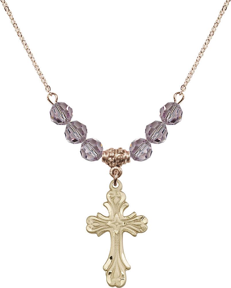 14kt Gold Filled Cross Birthstone Necklace with Light Amethyst Beads - 5419