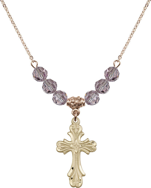 14kt Gold Filled Cross Birthstone Necklace with Light Amethyst Beads - 5419
