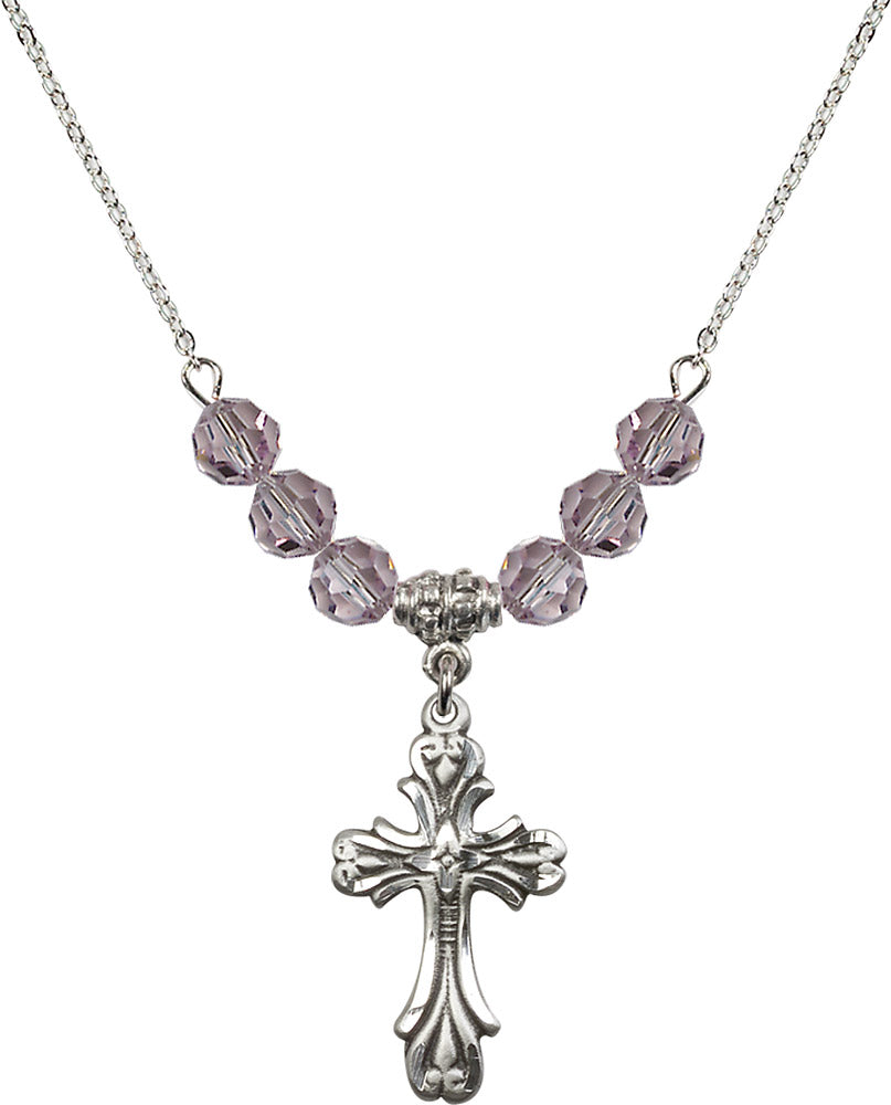 Sterling Silver Cross Birthstone Necklace with Light Amethyst Beads - 5419