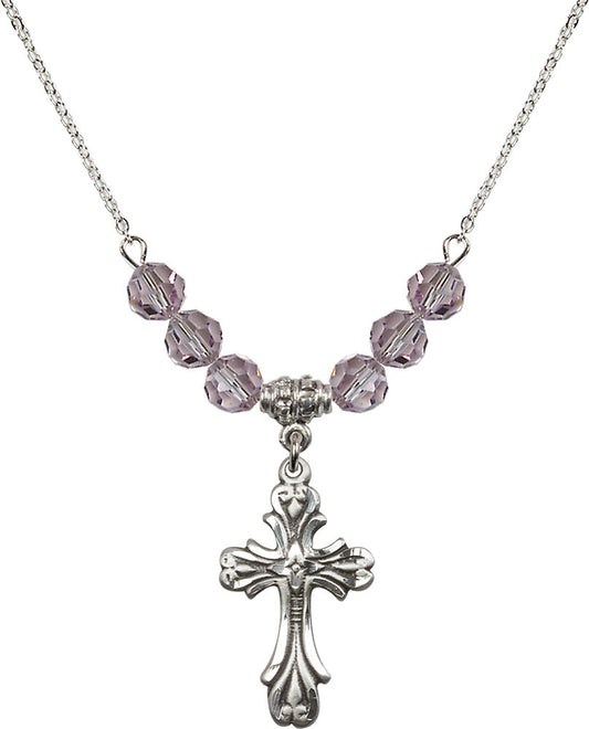 Sterling Silver Cross Birthstone Necklace with Light Amethyst Beads - 5419