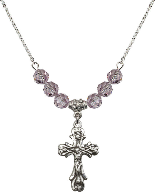 Sterling Silver Crucifix Birthstone Necklace with Light Amethyst Beads - 5421