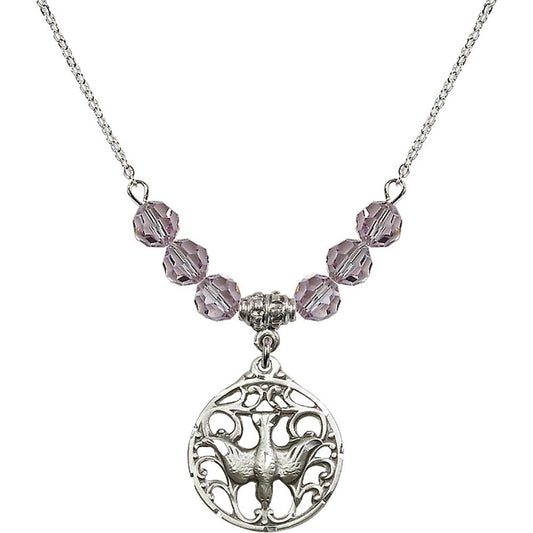 Sterling Silver Holy Spirit Birthstone Necklace with Light Amethyst Beads - 5655