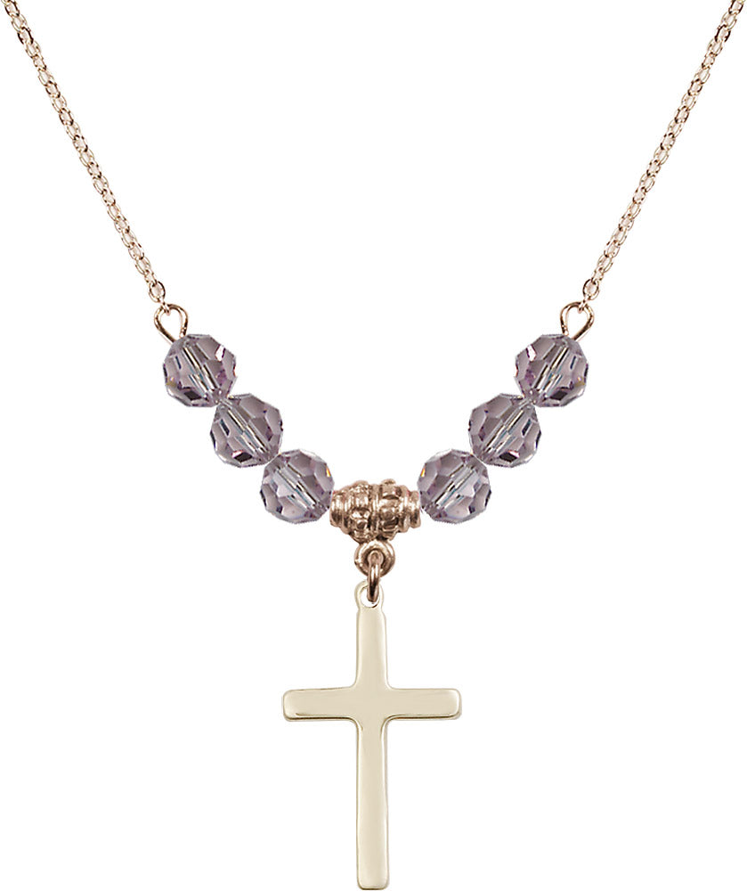 14kt Gold Filled Cross Birthstone Necklace with Light Amethyst Beads - 5670