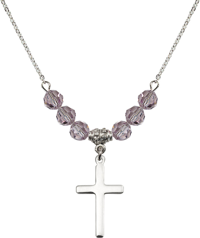 Sterling Silver Cross Birthstone Necklace with Light Amethyst Beads - 5670