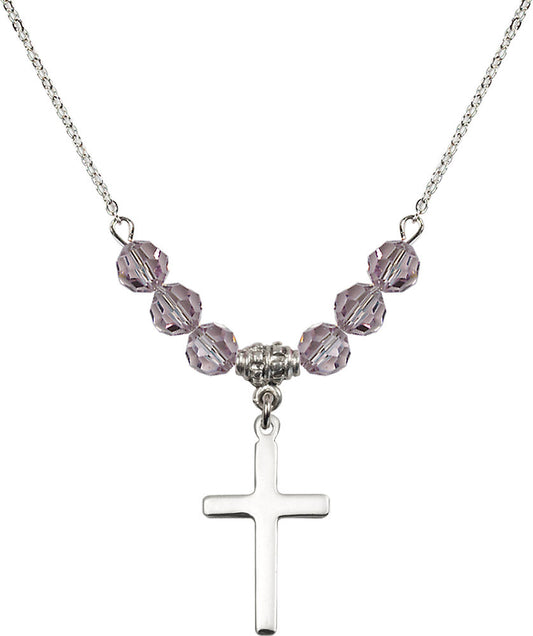 Sterling Silver Cross Birthstone Necklace with Light Amethyst Beads - 5670